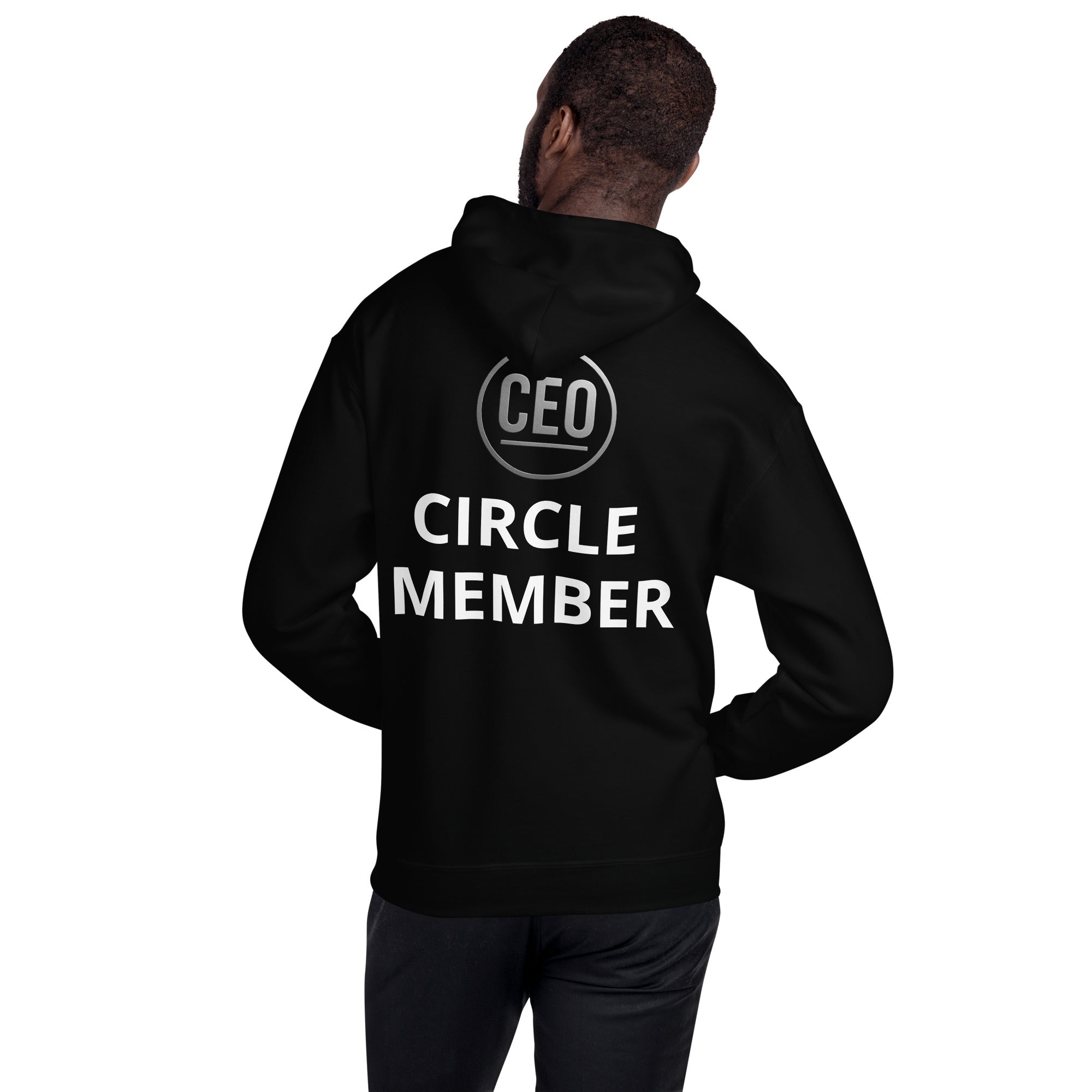 Person wearing a black hoodie with 'CEO Circle Member' text on the back