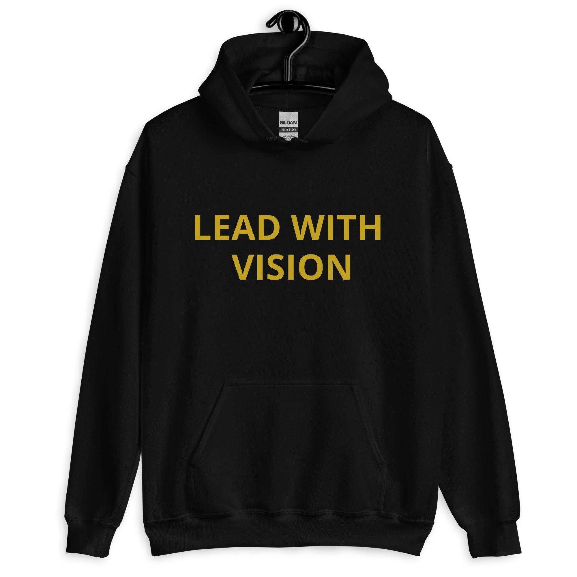 Black hoodie with 'Lead with Vision' text on a white background